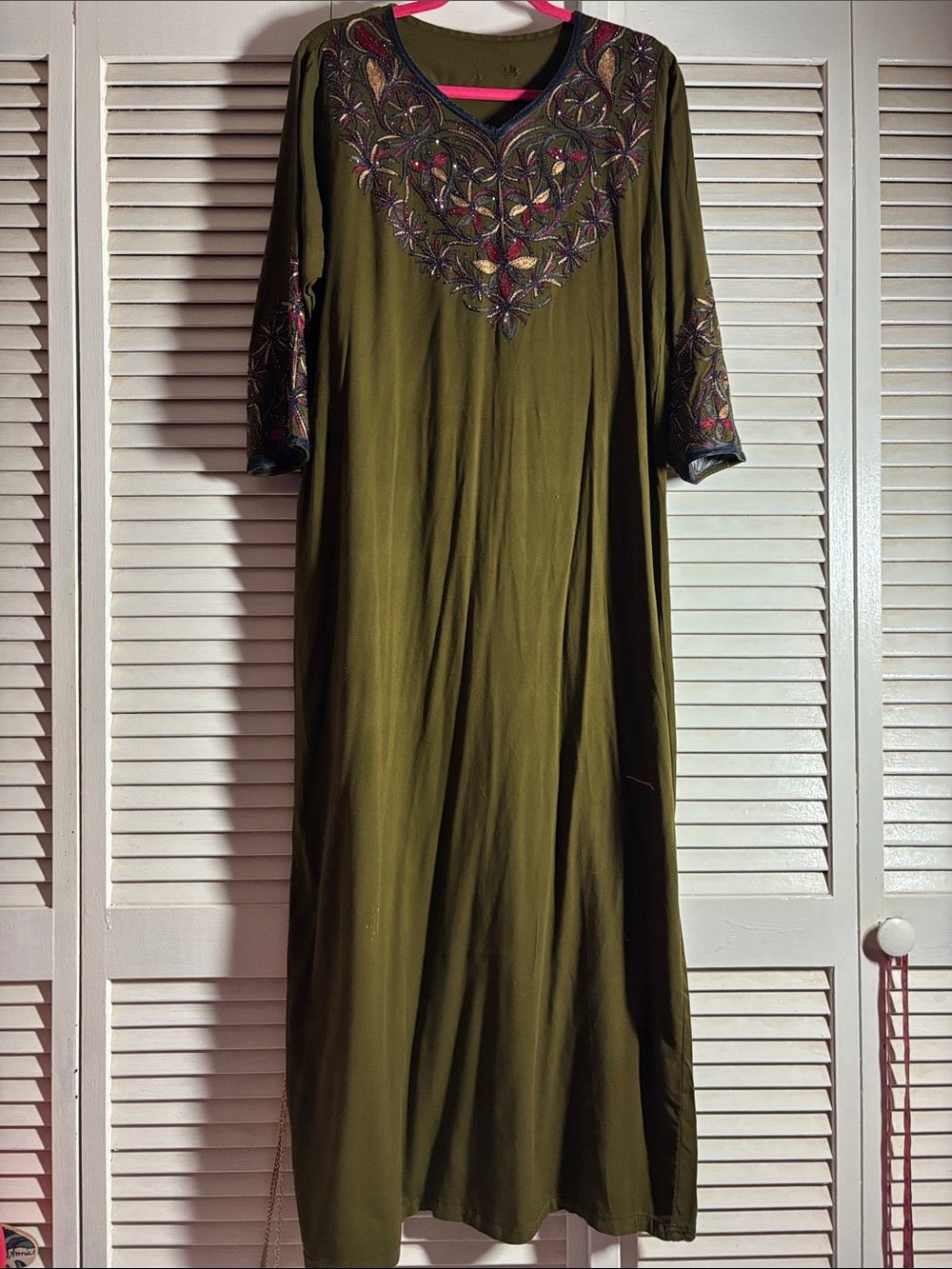 Olive Green Embroidered V-Neck Maxi Dress